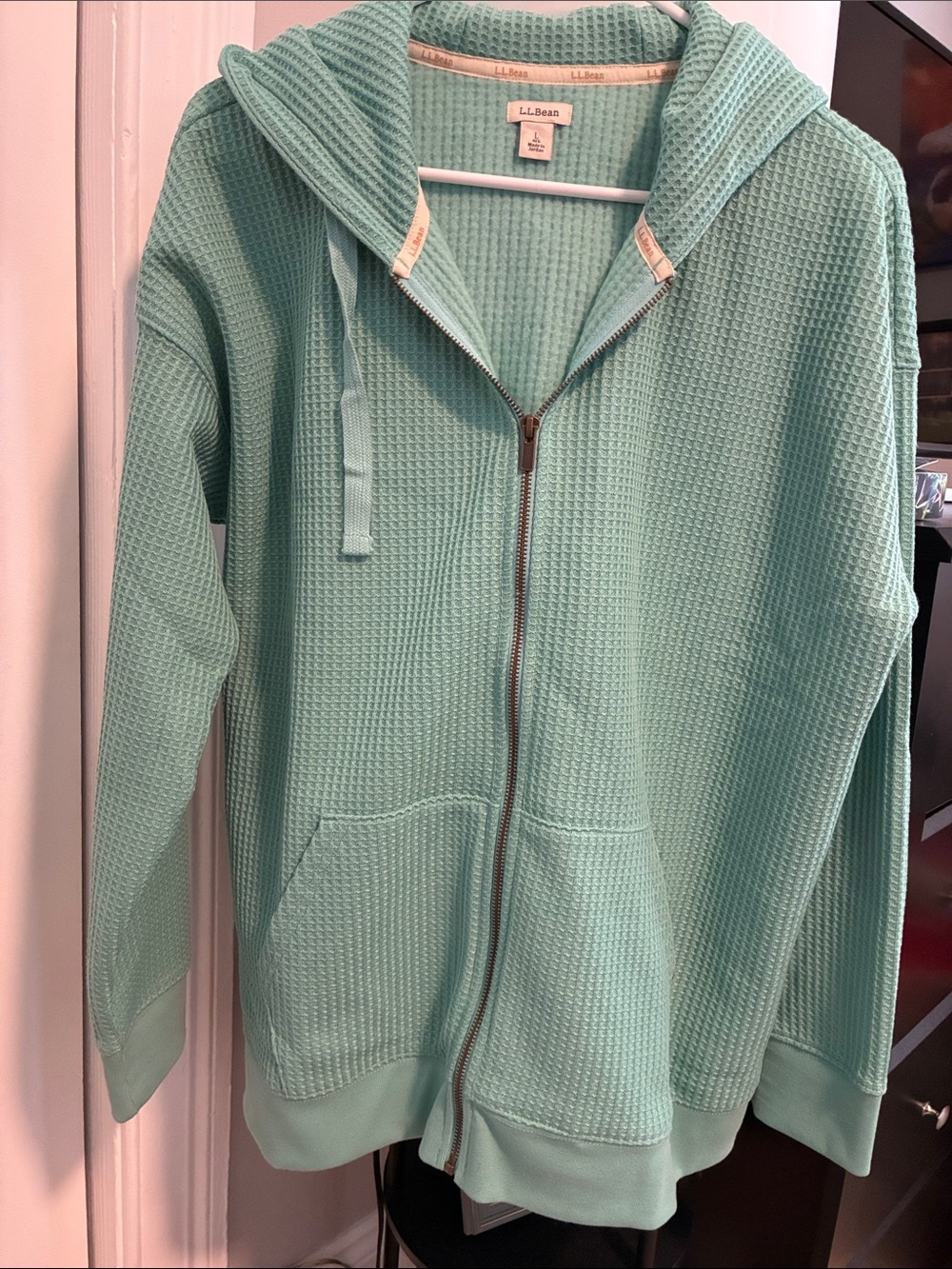 L.L. Bean Mint Green Waffle-Knit Zip Hooded Sweatshirt